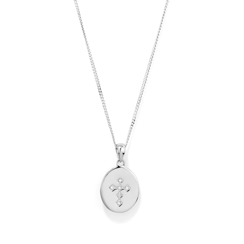 45cm Hammered Cubic Zirconia Cross Necklace in Sterling Silver Pendants Bevilles 