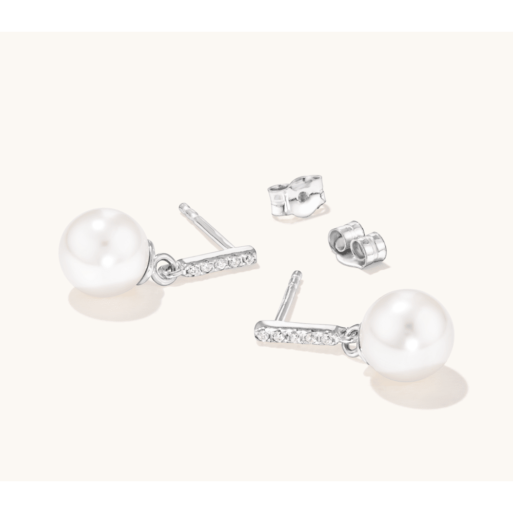 Shell Pearl and Cubic Zirconia Drop Stud Earrings in Sterling Silver Earrings Bevilles 