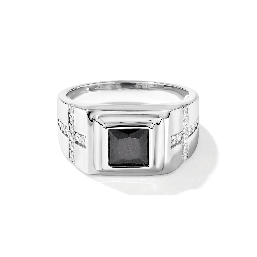 Black Cubic Zirconia Square Centre with Cross Ring in Sterling Silver Rings Bevilles 
