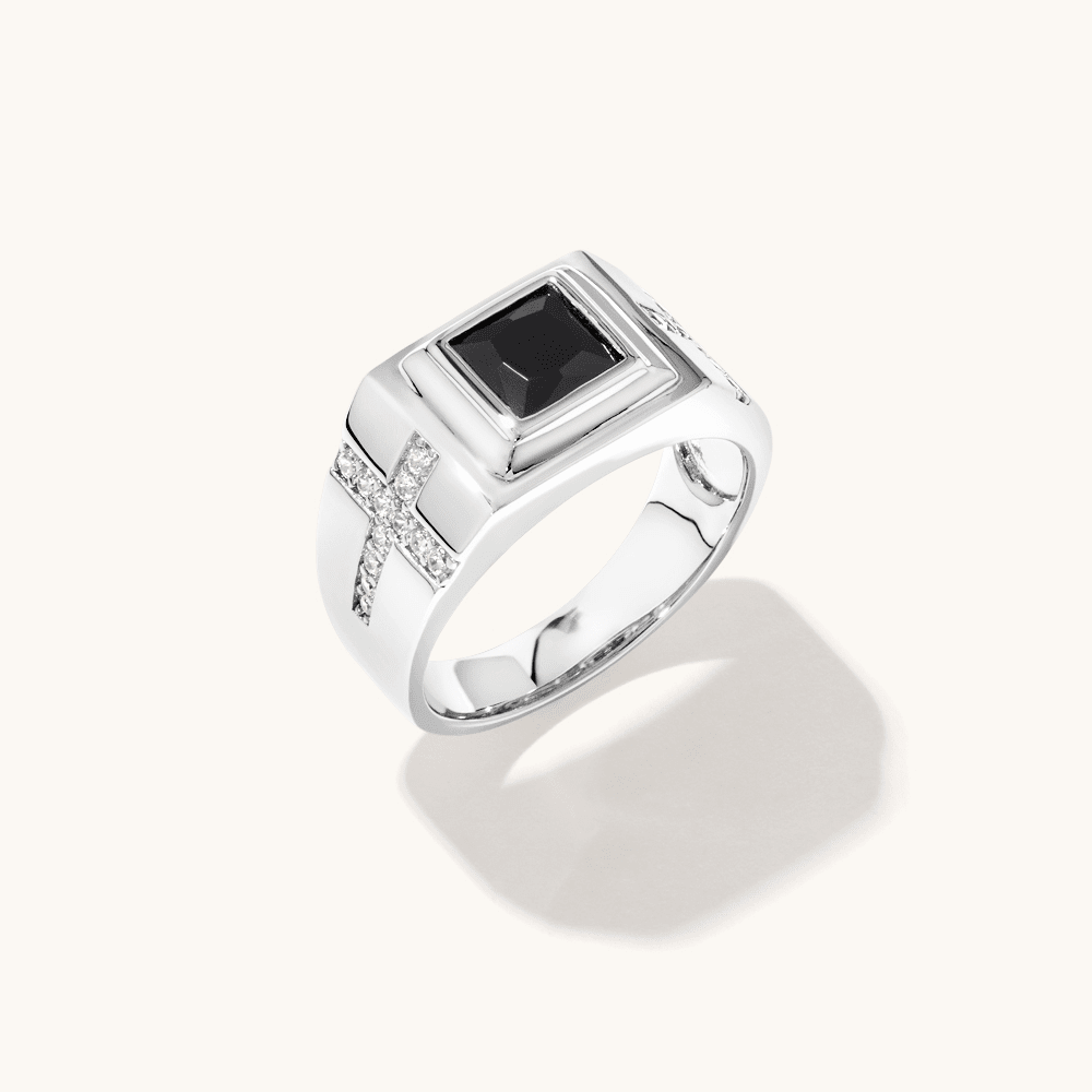 Black Cubic Zirconia Square Centre with Cross Ring in Sterling Silver Rings Bevilles 