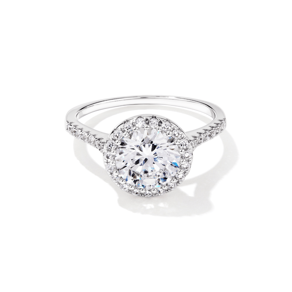 Cubic Zirconia Round Halo with Pave Shoulder Ring in Sterling Silver Rings Bevilles 