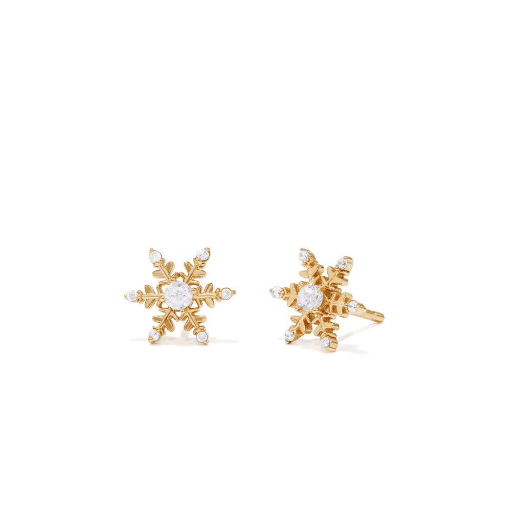 Christmas Snowflake Stud Earrings with Cubic Zirconia in 18kt Fine Gold Plating Earrings Bevilles 