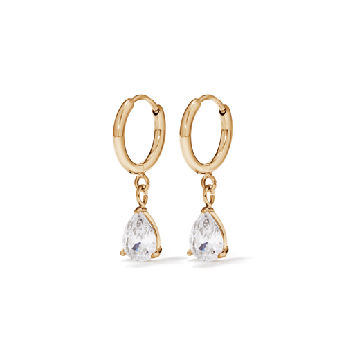 18mm Cubic Zirconia Pear Charm Huggie in Waterproof PVD Stainless Steel Earrings Bevilles 