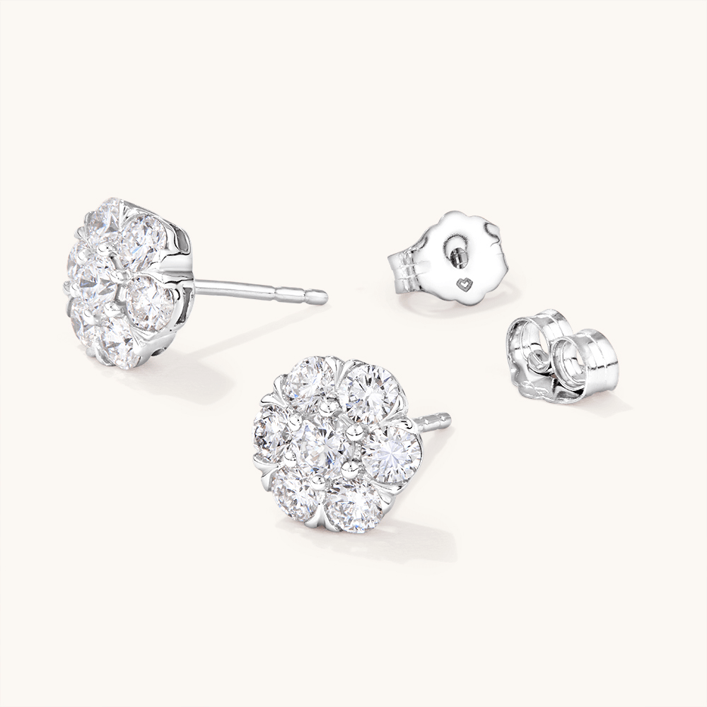 Halo Cluster Stud Earrings with 1.00tw of Laboratory-Grown Diamonds in Sterling Silver and Platinum Earrings Bevilles 