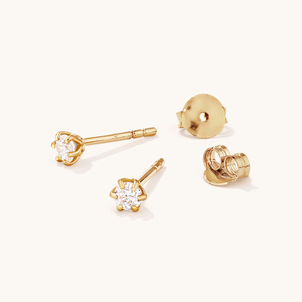 3mm Round Cubic Zirconia Stud Earrings in 18kt Fine Gold Plated Sterling Silver Earrings Bevilles 