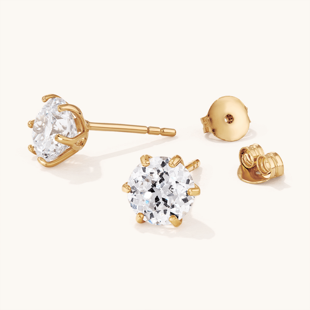 7mm Round Cubic Zirconia Stud Earrings in 18kt Fine Gold Plated Sterling Silver Earrings Bevilles 
