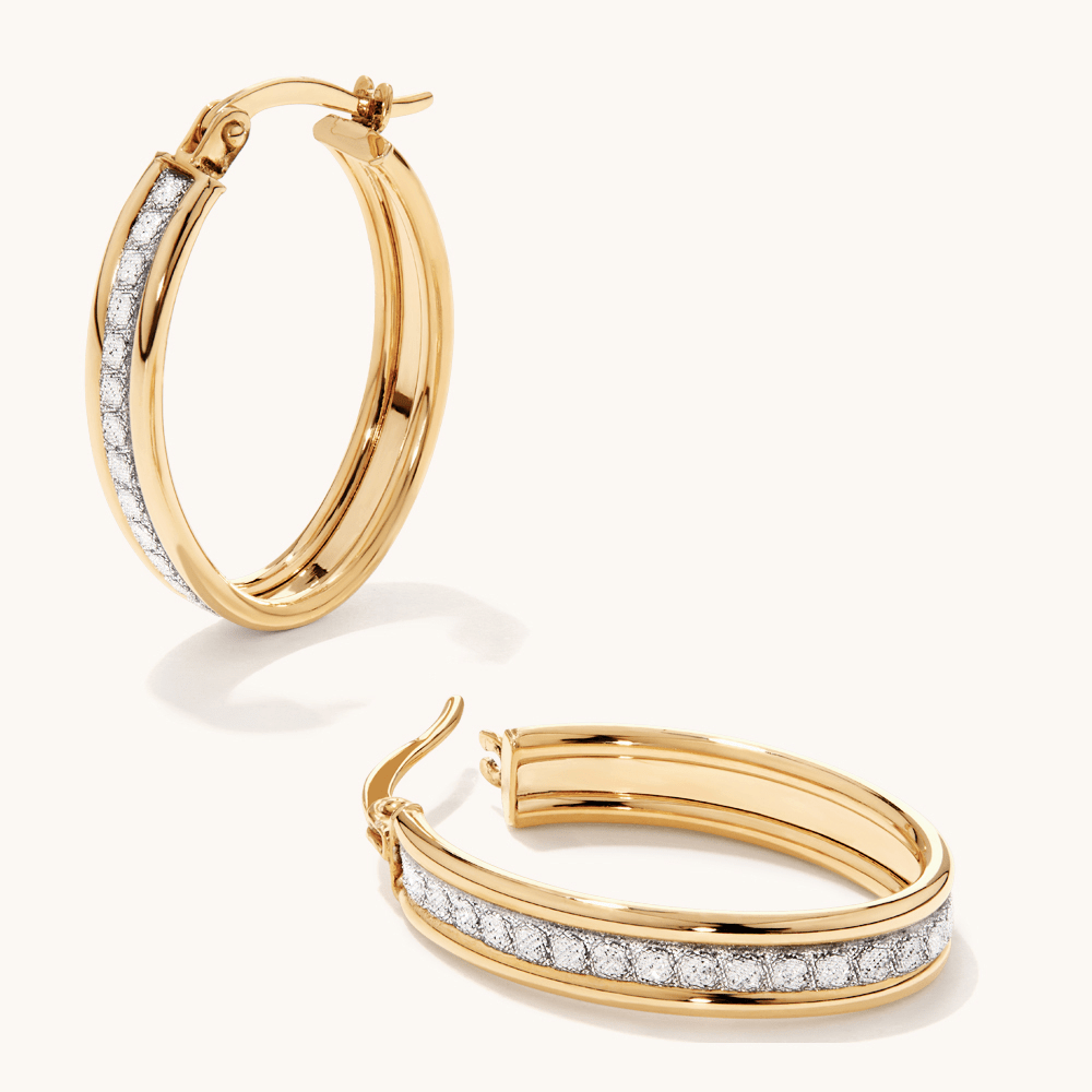 15mm Oval Glitter Hoops in 9kt Bonded Gold Silver Filled Earrings Bevilles 