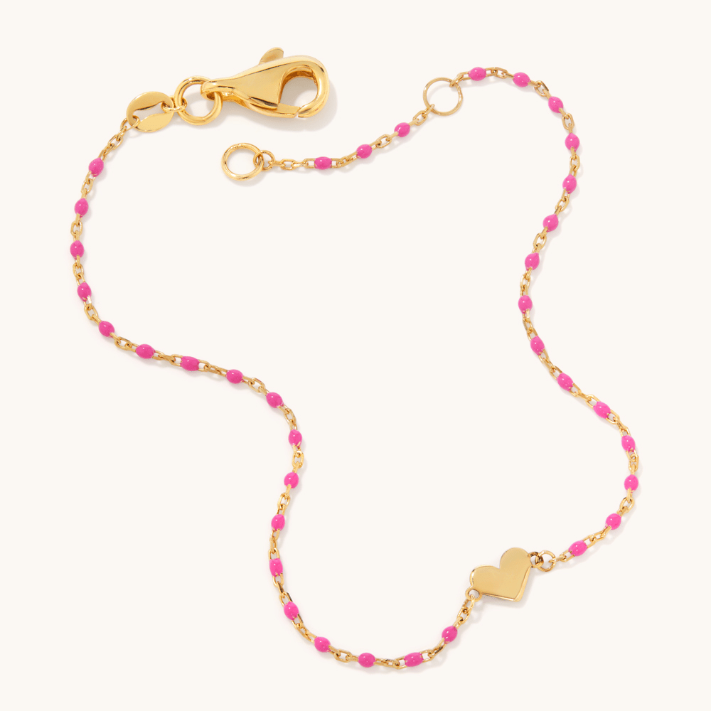 19cm Enamel Beaded Heart Charm Bracelet in 9kt Bonded Gold Silver Filled Bracelets Bevilles 