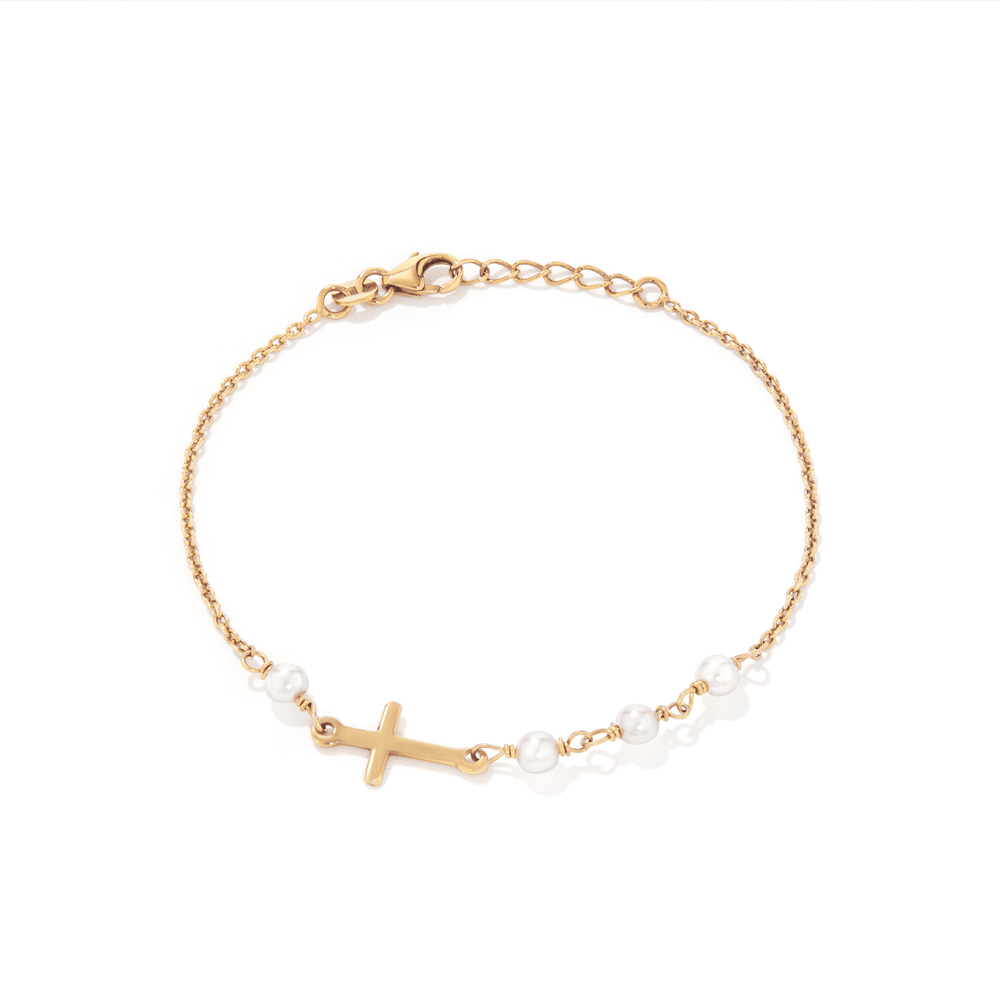 19cm Cross and Shell Pearl Bracelet in 18kt Gold Plated Sterling Silver Bracelets Bevilles 