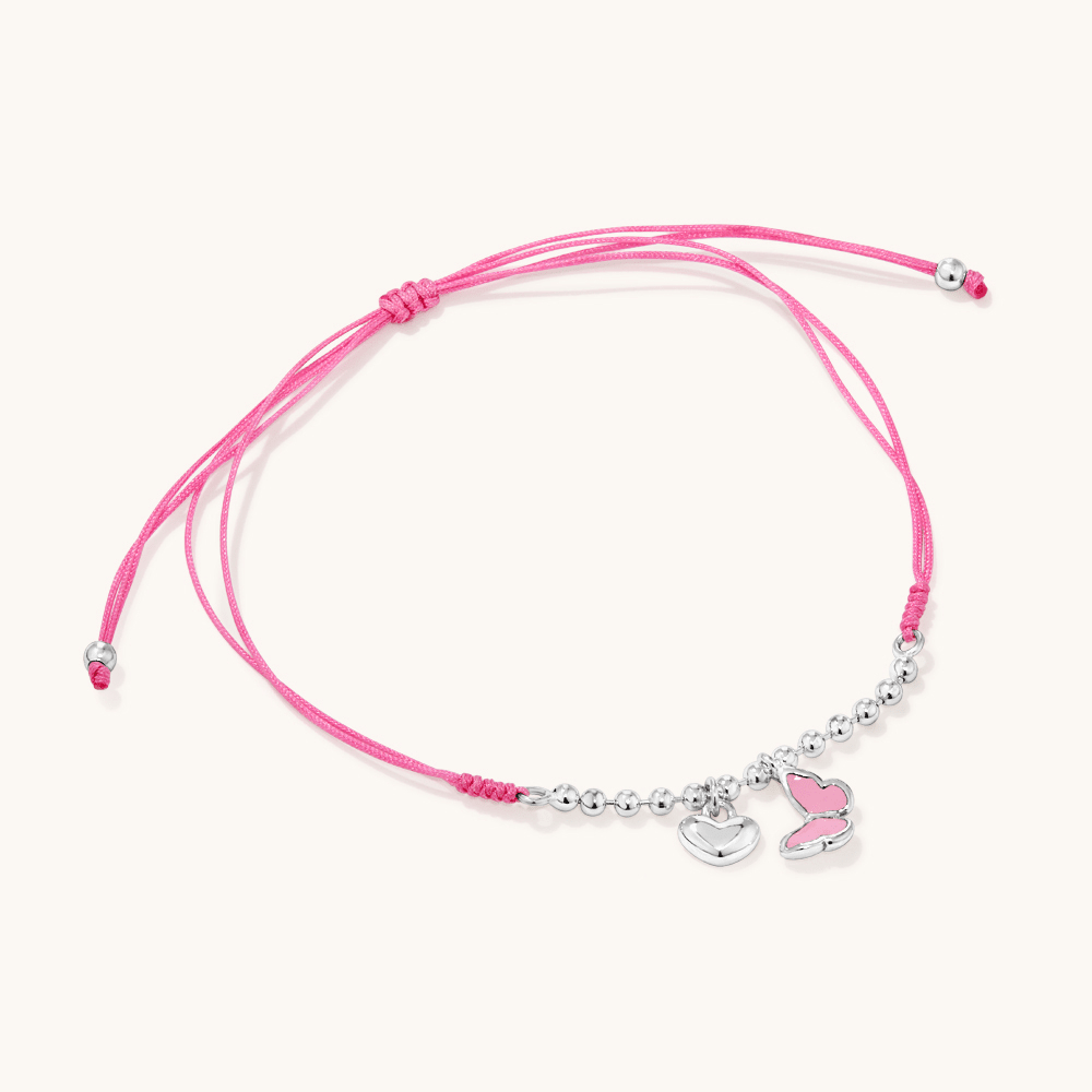 25cm Enamel Charm Butterfly Heart Pink Bolo Bracelet in Sterling Silver Bracelets Bevilles 