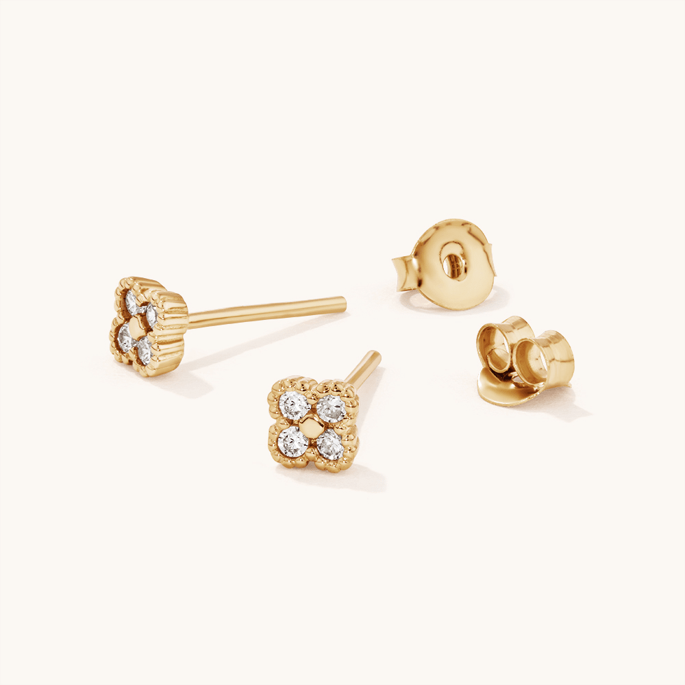 Cubic Zirconia Clover Studs in 18kt Fine Gold Plated Sterling Silver Earrings Bevilles 