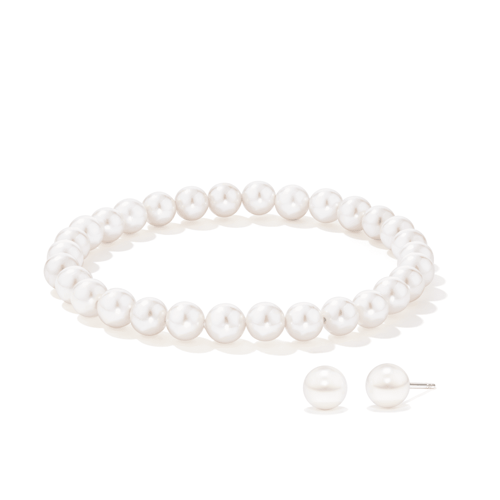 Shell Pearl Elasticated Bracelet and Stud Set in Sterling Silver Bevilles 