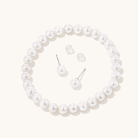 Shell Pearl Elasticated Bracelet and Stud Set in Sterling Silver Bevilles 
