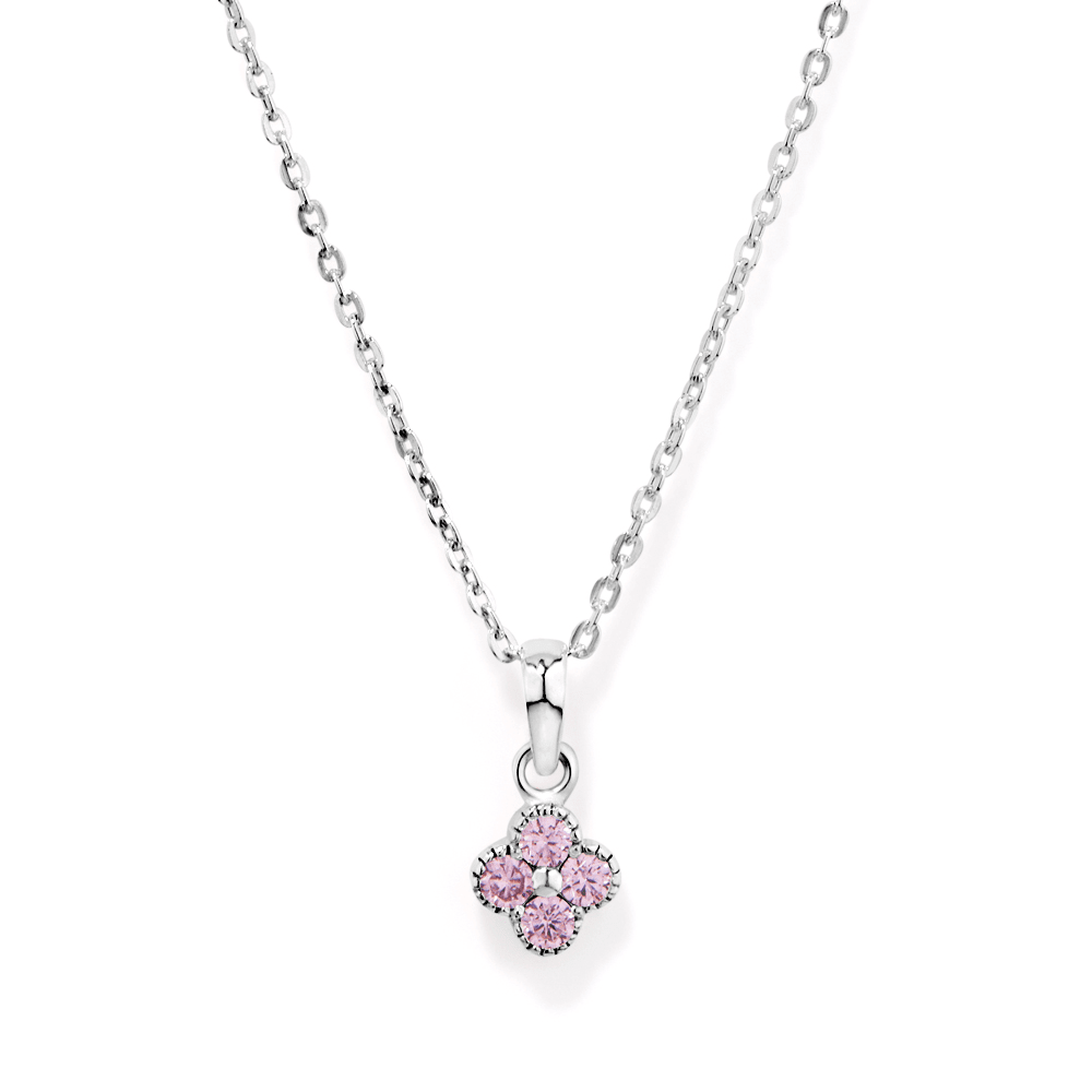 45cm Cubic Zirconia Pink Clover Necklace in Sterling Silver Pendants Bevilles 