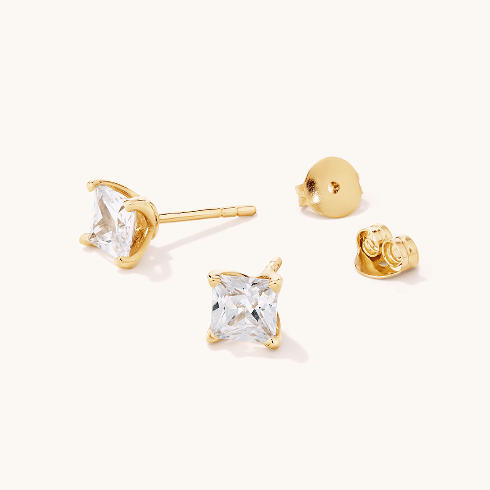 5mm Square Cubic Zirconia Studs in 18kt Fine Gold Plated Sterling Silver Earrings Bevilles 