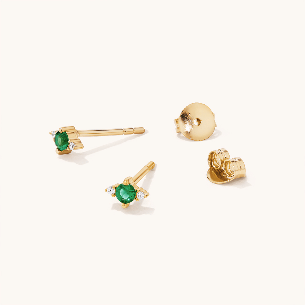 Cubic Zirconia Green Glass Tri Stud Earrings in 18kt Fine Gold Plated Sterling Silver Earrings Bevilles 