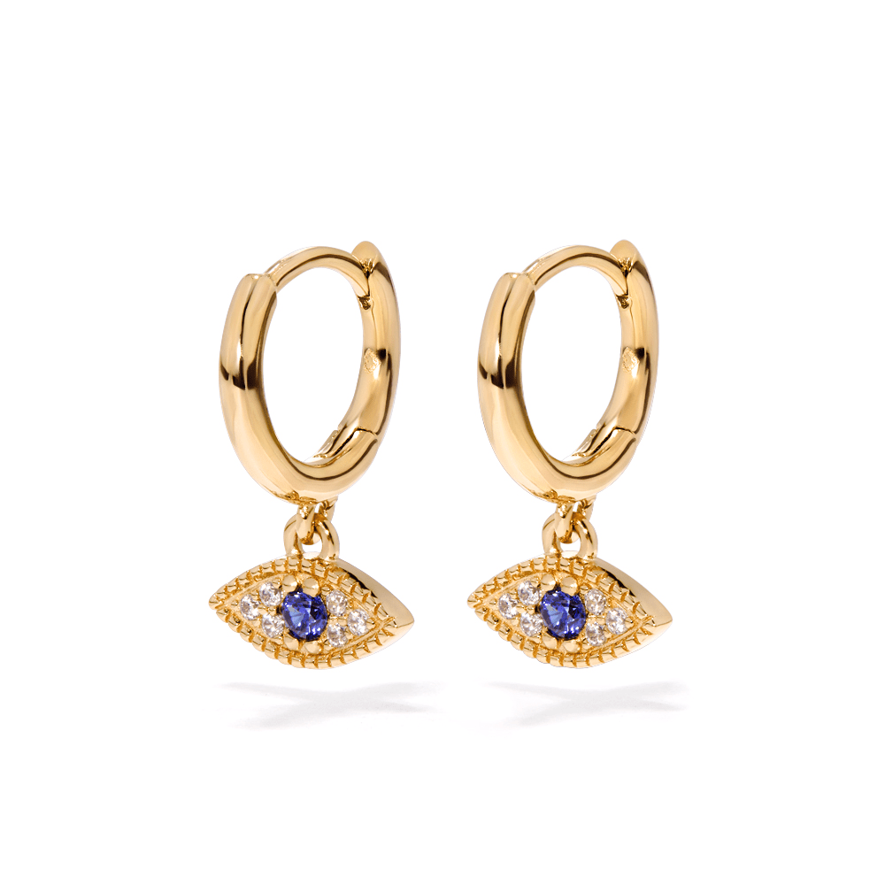 Cubic Zirconia Evil Eye Huggie Earrings in 18kt Fine Gold Plated Sterling Silver Earrings Bevilles 