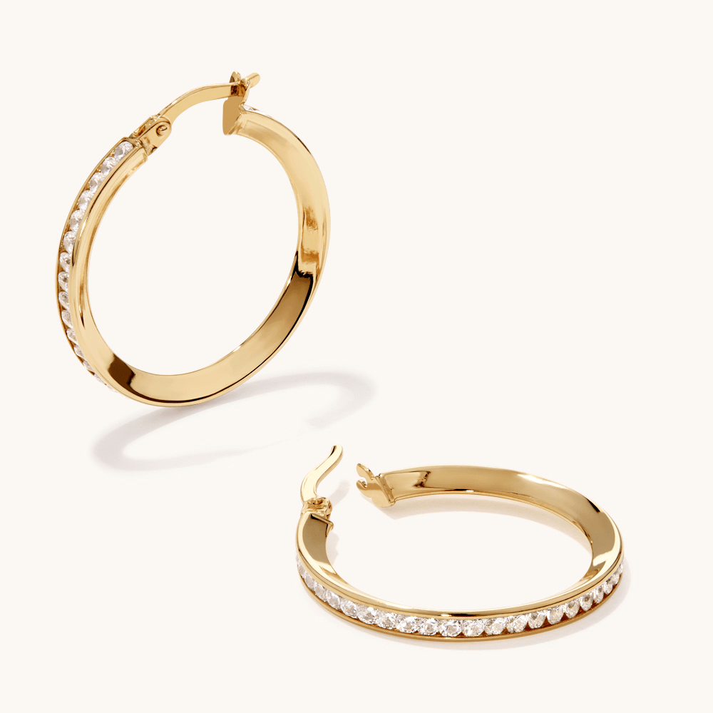20mm Cubic Zirconia Channel Hoops in 9kt Bonded Gold Silver Filled Earrings Bevilles 
