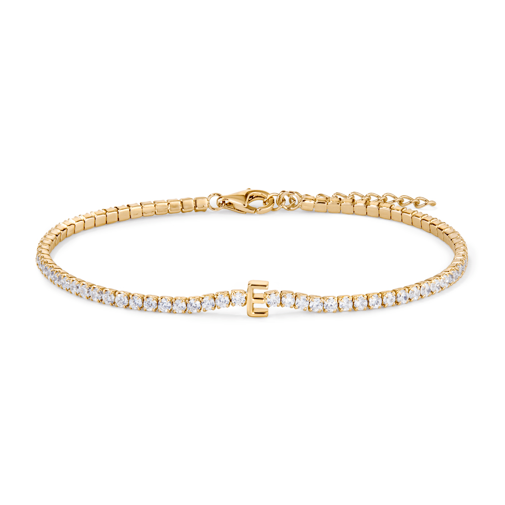 20cm Initial E Cubic Zirconia Tennis Bracelet in 18kt Fine Gold Plated Sterling Silver Bracelets Bevilles 