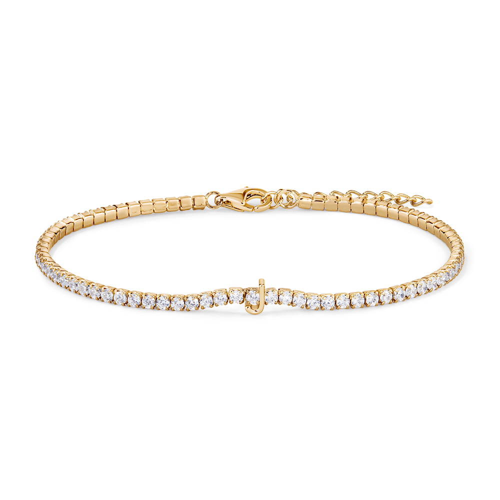20cm Initial J Cubic Zirconia Tennis Bracelet in 18kt Fine Gold Plated Sterling Silver Bracelets Bevilles 