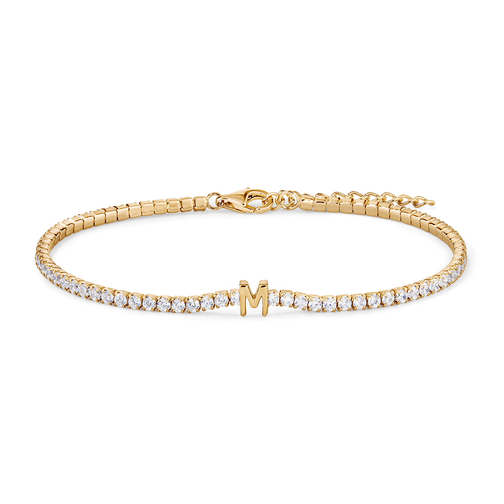 20cm Initial M Cubic Zirconia Tennis Bracelet in 18kt Fine Gold Plated Sterling Silver Bracelets Bevilles 