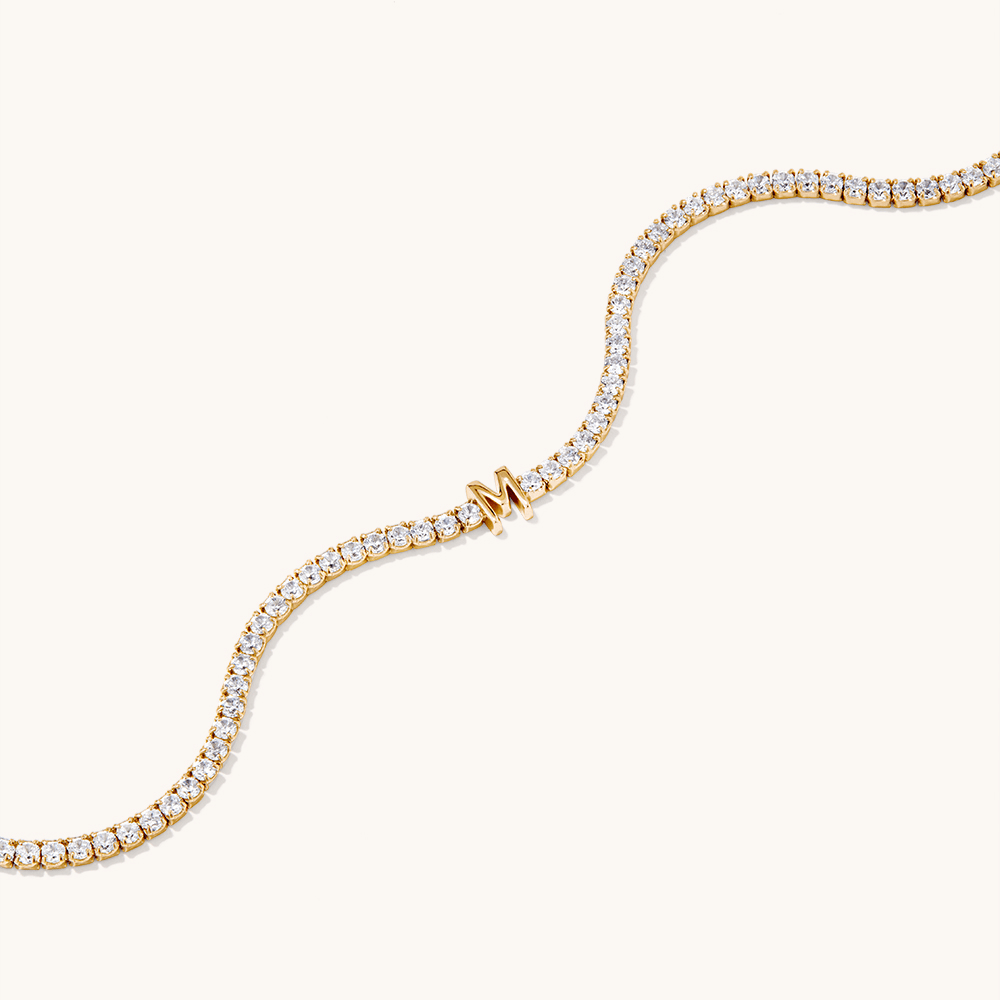 20cm Initial M Cubic Zirconia Tennis Bracelet in 18kt Fine Gold Plated Sterling Silver Bracelets Bevilles 