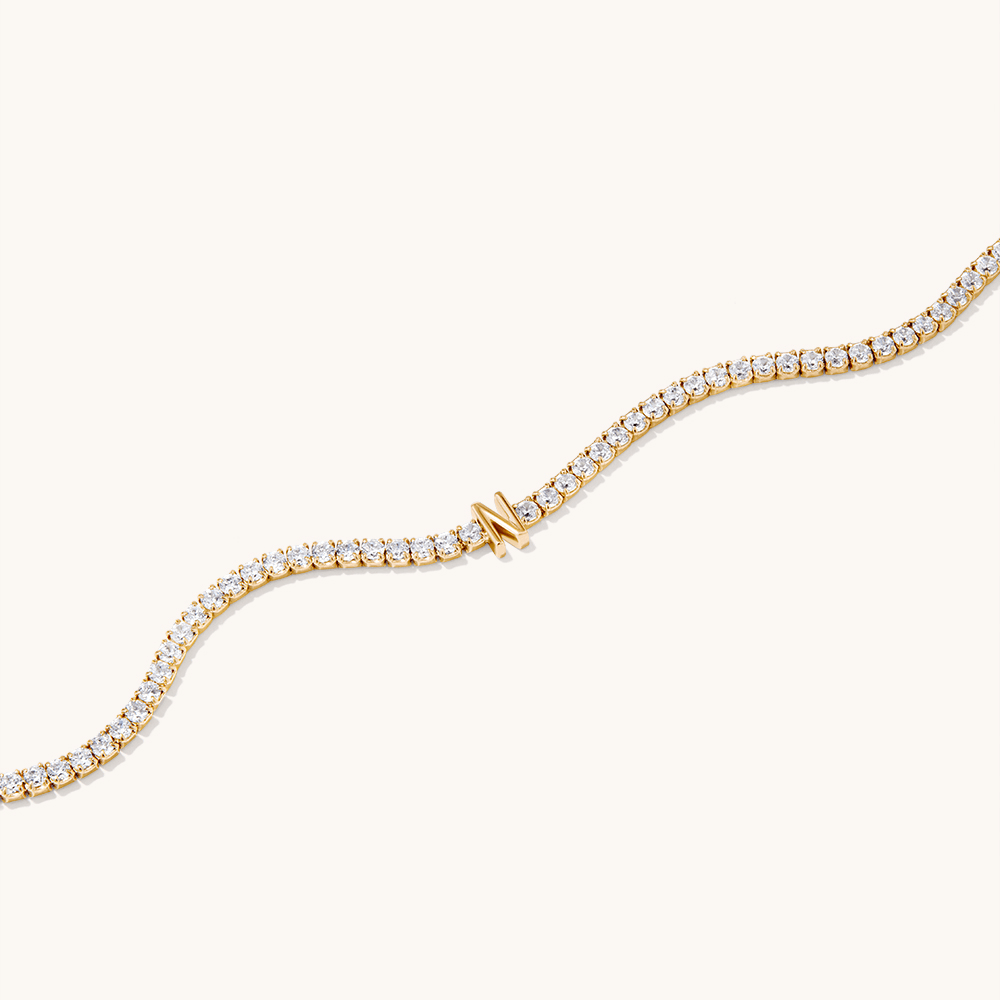 20cm Initial N Cubic Zirconia Tennis Bracelet in 18kt Fine Gold Plated Sterling Silver Bracelets Bevilles 