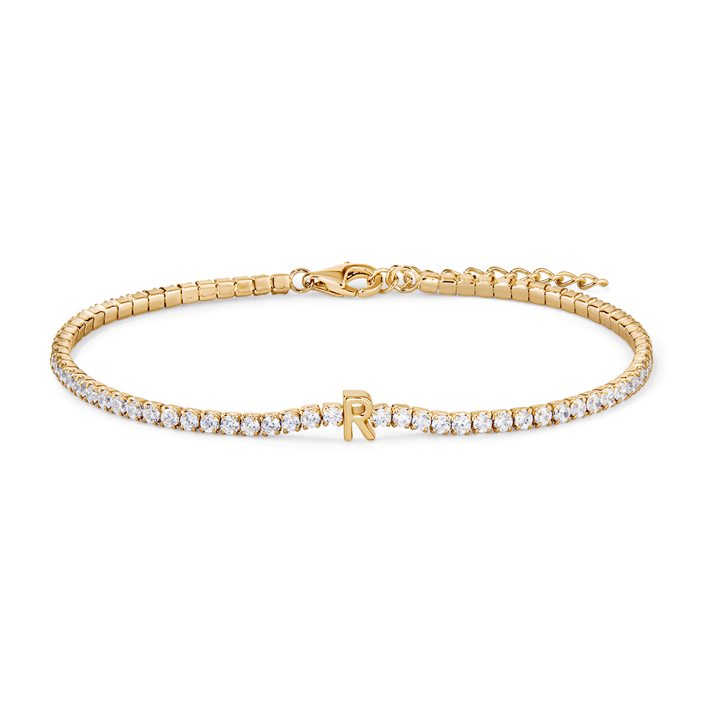 20cm Initial R Cubic Zirconia Tennis Bracelet in 18kt Fine Gold Plated Sterling Silver Bracelets Bevilles 