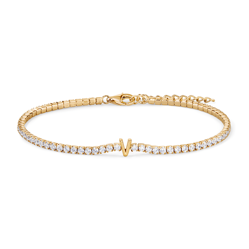 20cm Initial V Cubic Zirconia Tennis Bracelet in 18kt Fine Gold Plated Sterling Silver Bracelets Bevilles 