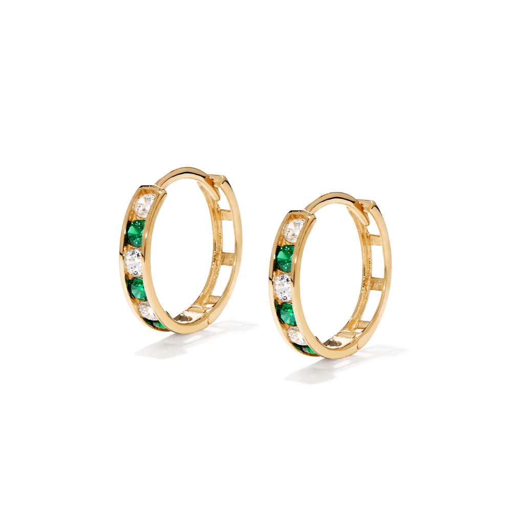 11mm Alternating Green Cubic Zirconia Channel Huggies in 9kt Yellow Gold Earrings Bevilles 