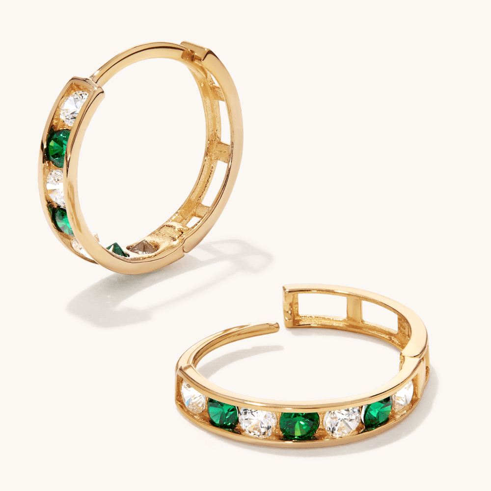 11mm Alternating Green Cubic Zirconia Channel Huggies in 9kt Yellow Gold Earrings Bevilles 