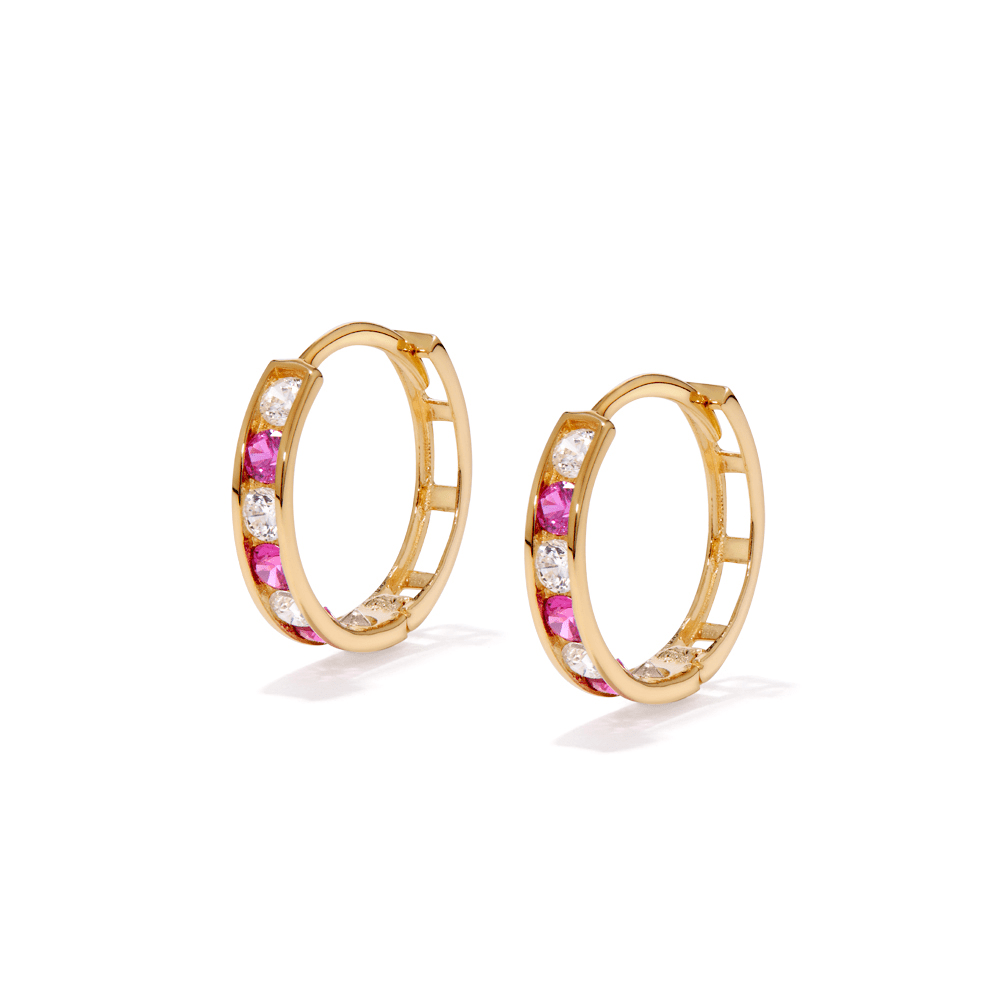 11mm Alternating Red Cubic Zirconia Channel Huggies in 9kt Yellow Gold Earrings Bevilles 