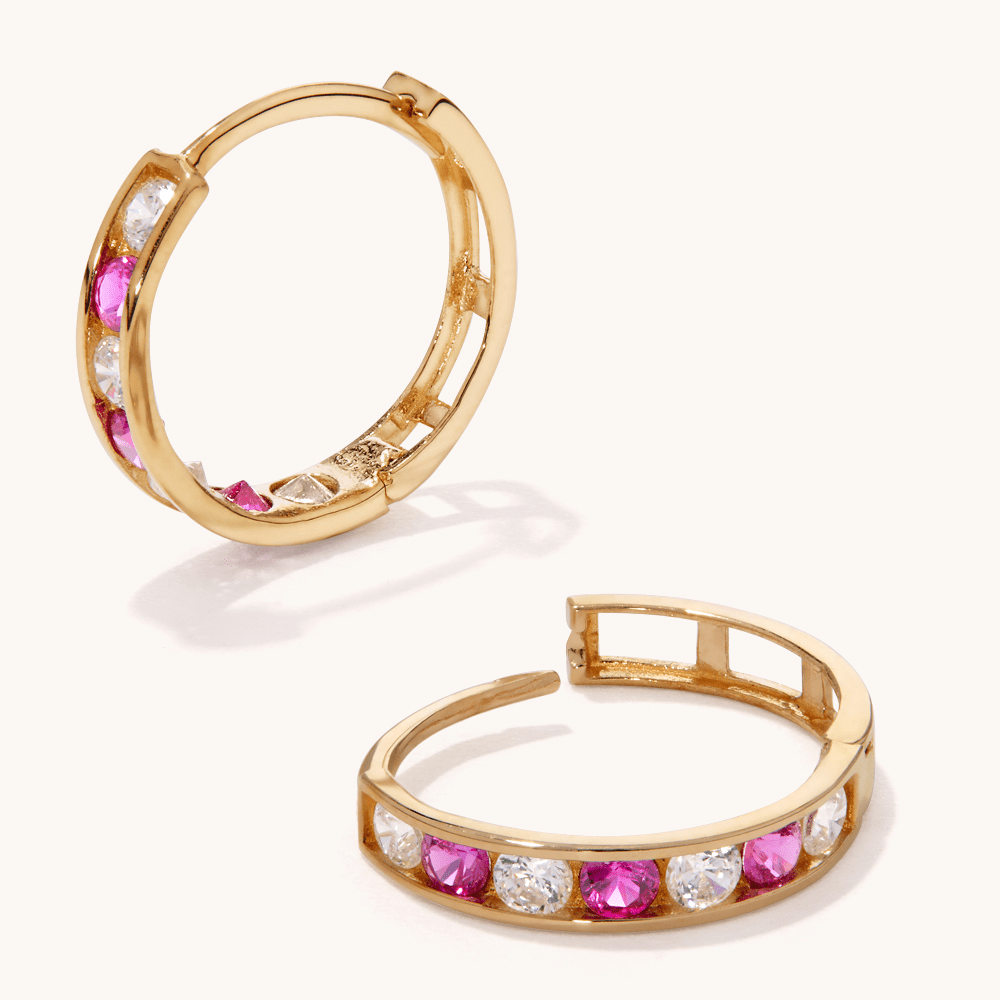11mm Alternating Red Cubic Zirconia Channel Huggies in 9kt Yellow Gold Earrings Bevilles 