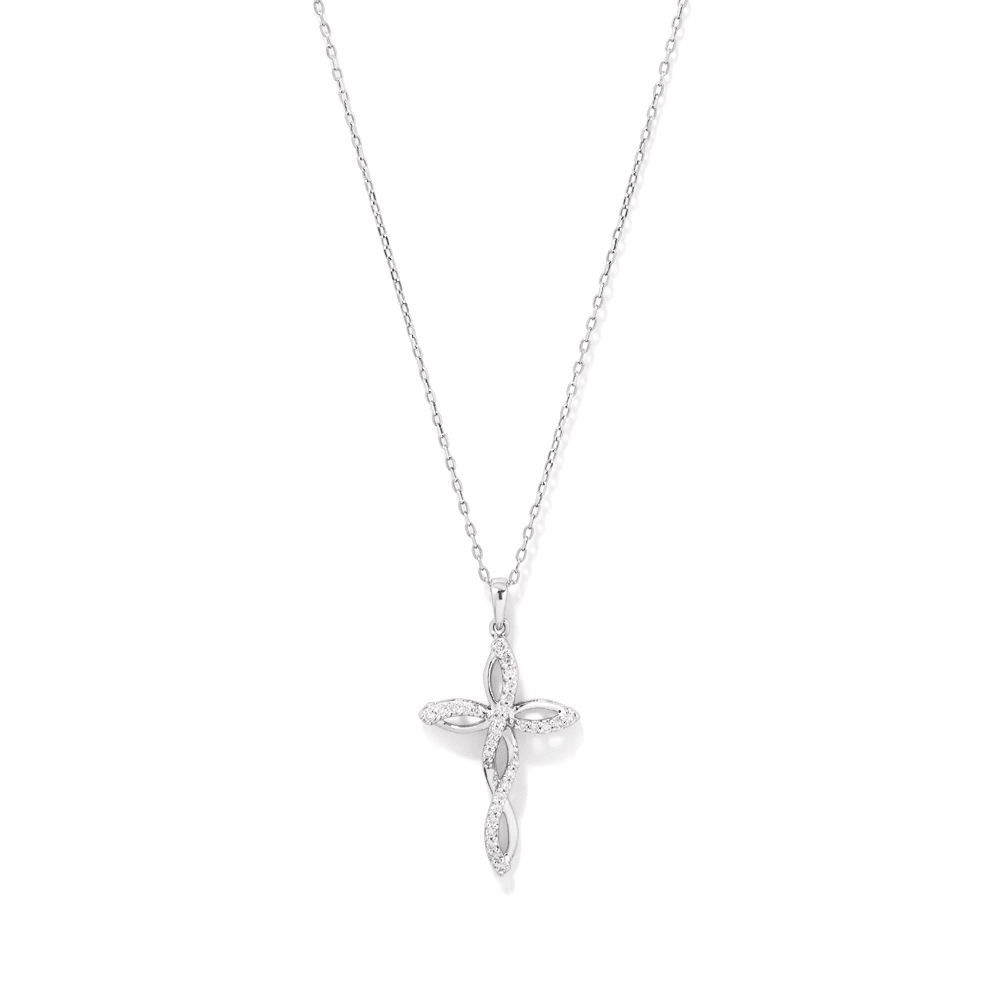 45cm Plaited Cross Pendant Necklace with 0.20tw of Laboratory-Grown Diamonds in Sterling Silver and Platinum Pendants Bevilles 