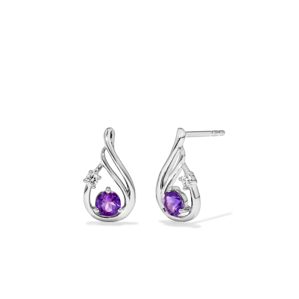 Amethyst and Laboratory-Grown Diamond Set Stud Earrings in Sterling Silver and Platinum Earrings Bevilles 