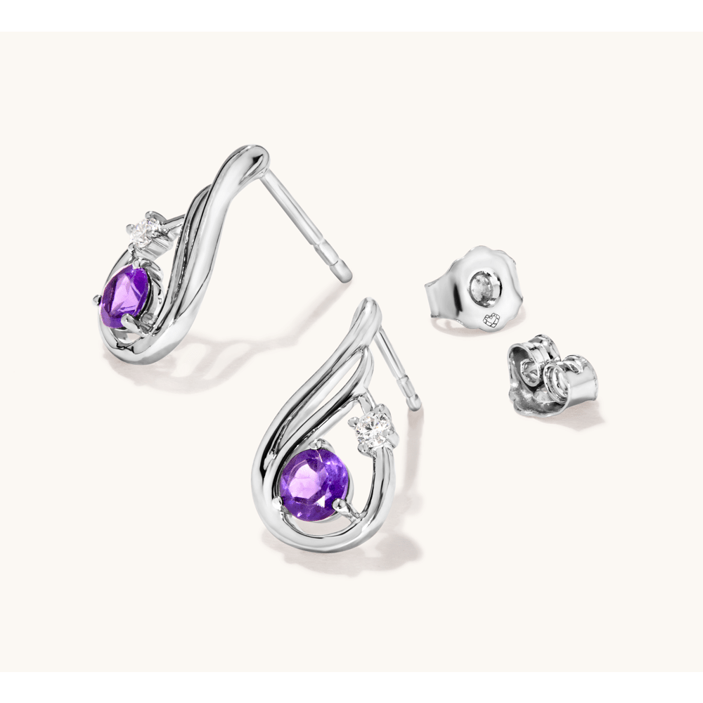 Amethyst and Laboratory-Grown Diamond Set Stud Earrings in Sterling Silver and Platinum Earrings Bevilles 