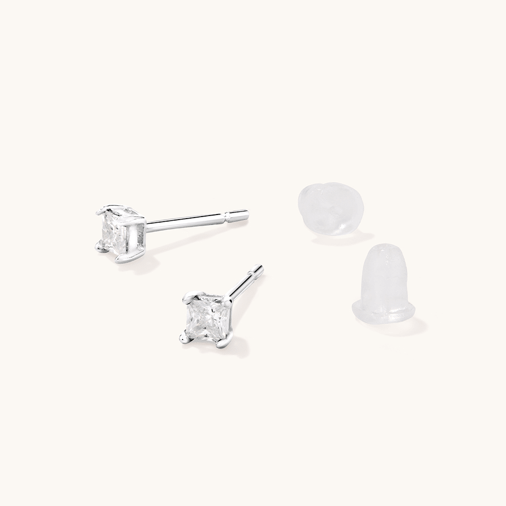 3mm Square Cubic Zirconia Studs in Sterling Silver Earrings Bevilles 