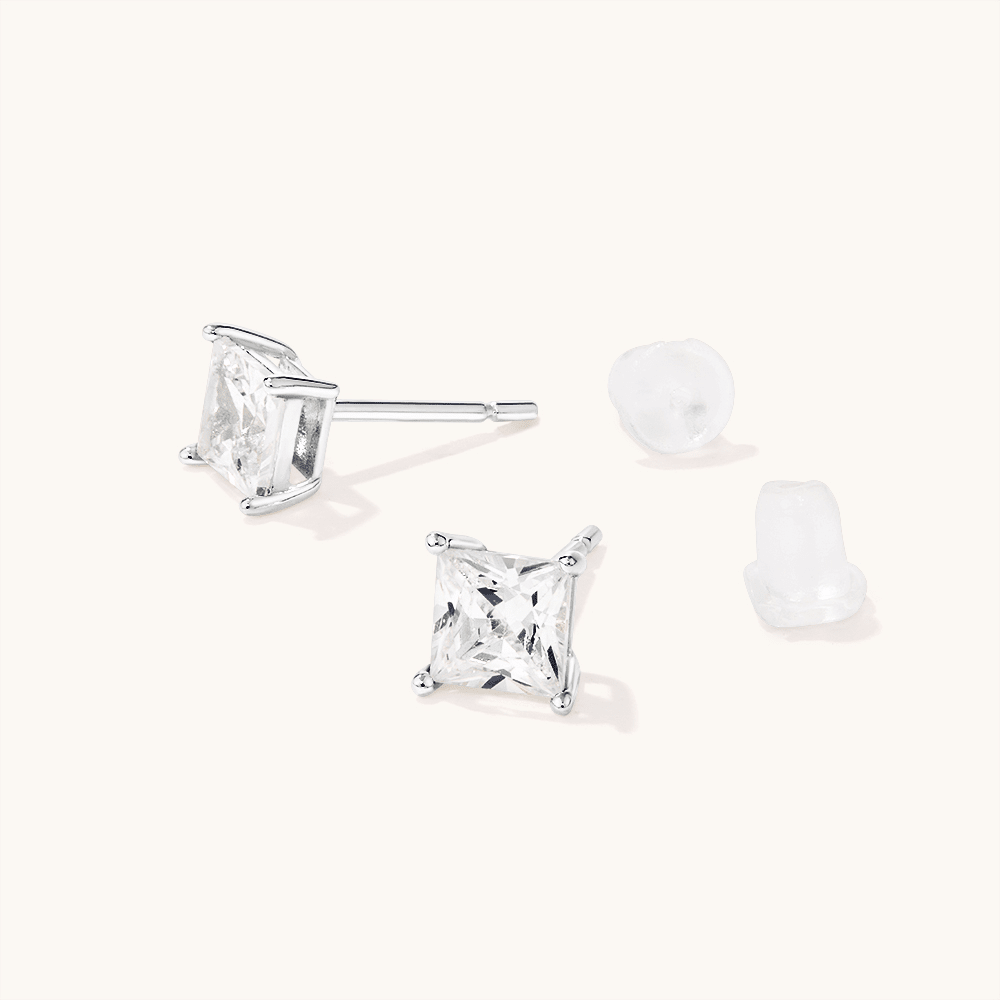 5mm Square Cubic Zirconia Studs in Sterling Silver Earrings Bevilles 