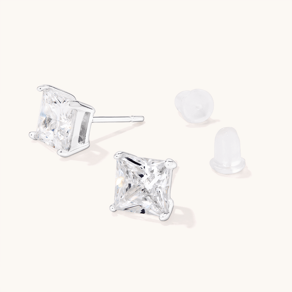 7mm Square Cubic Zirconia Studs in Sterling Silver Earrings Bevilles 