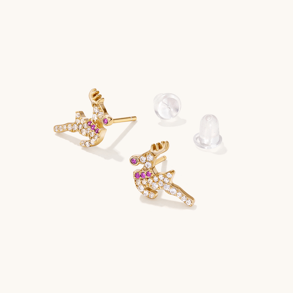 Christmas Reindeer Stud Earrings with Cubic Zirconia in 10kt Gold Plating Earrings Bevilles 