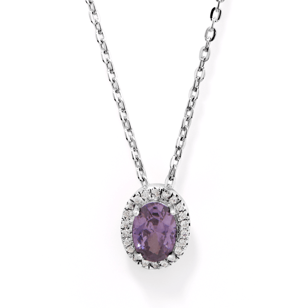 50cm Cubic Zirconia Purple Oval Halo Necklace in Sterling Silver Pendants Bevilles 
