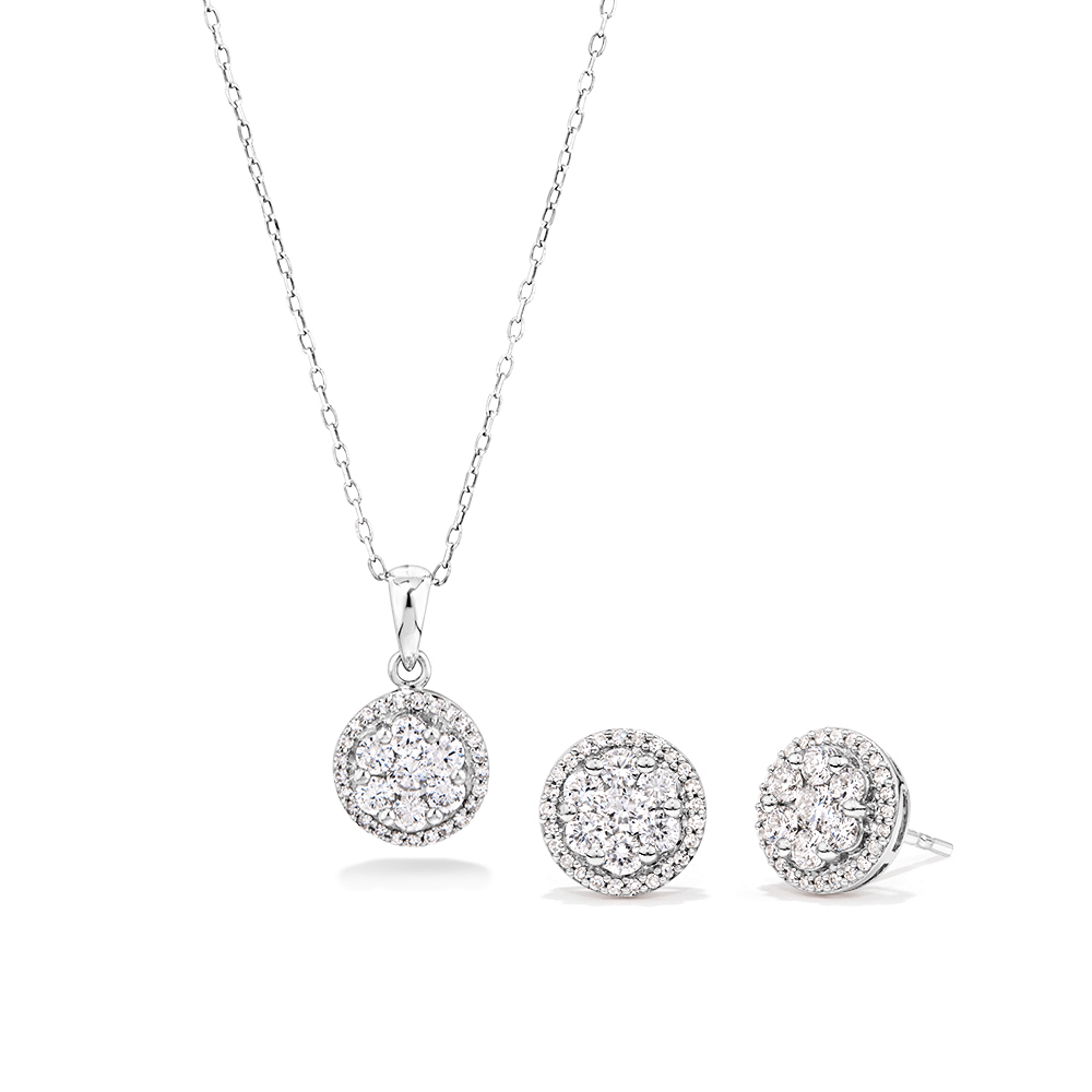 Cluster Halo Stud Earring and Necklace Set with 1.50tw of Laboratory-Grown Diamonds in Sterling Silver and Platinum Pendants Bevilles 