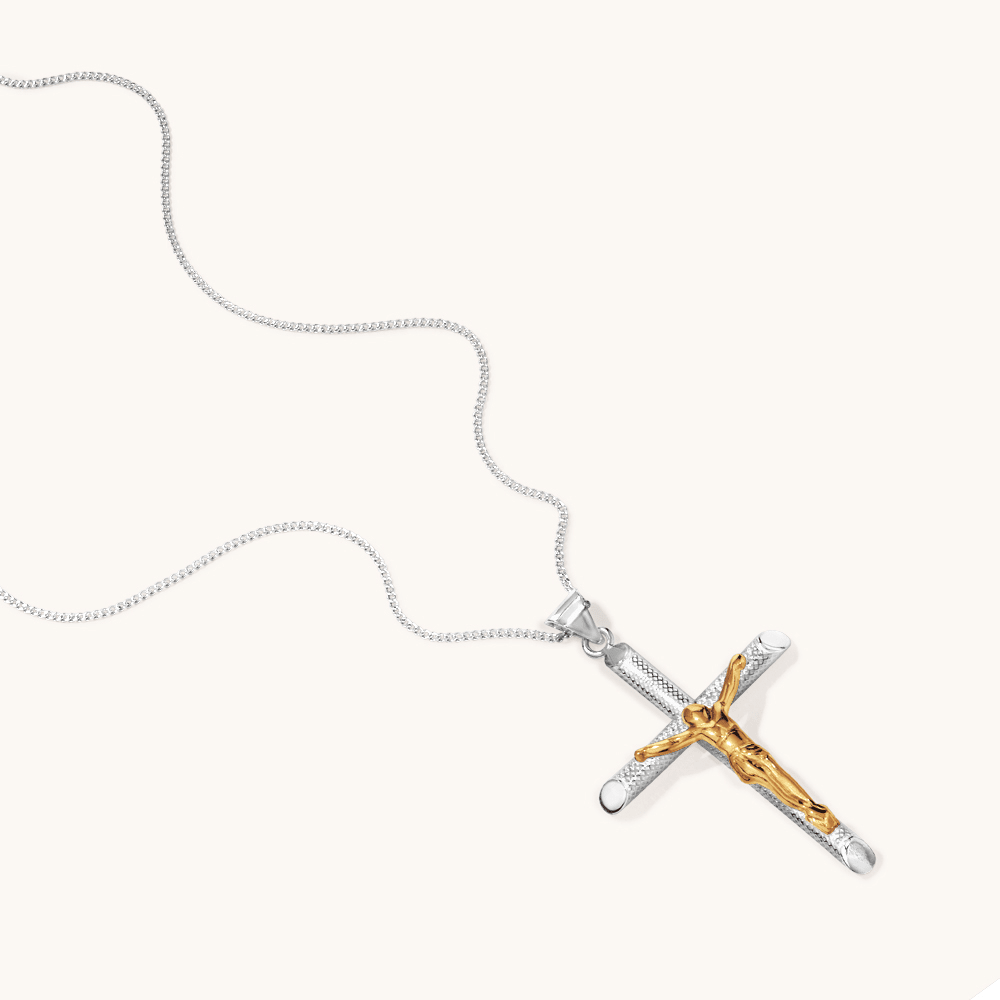 45cm Two Tone Crucifix Necklace in Sterling Silver Pendants Bevilles 