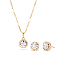 Cubic Zirconia Halo Necklace and Stud Set in 18kt Fine Gold Plated Sterling Silver Bevilles 