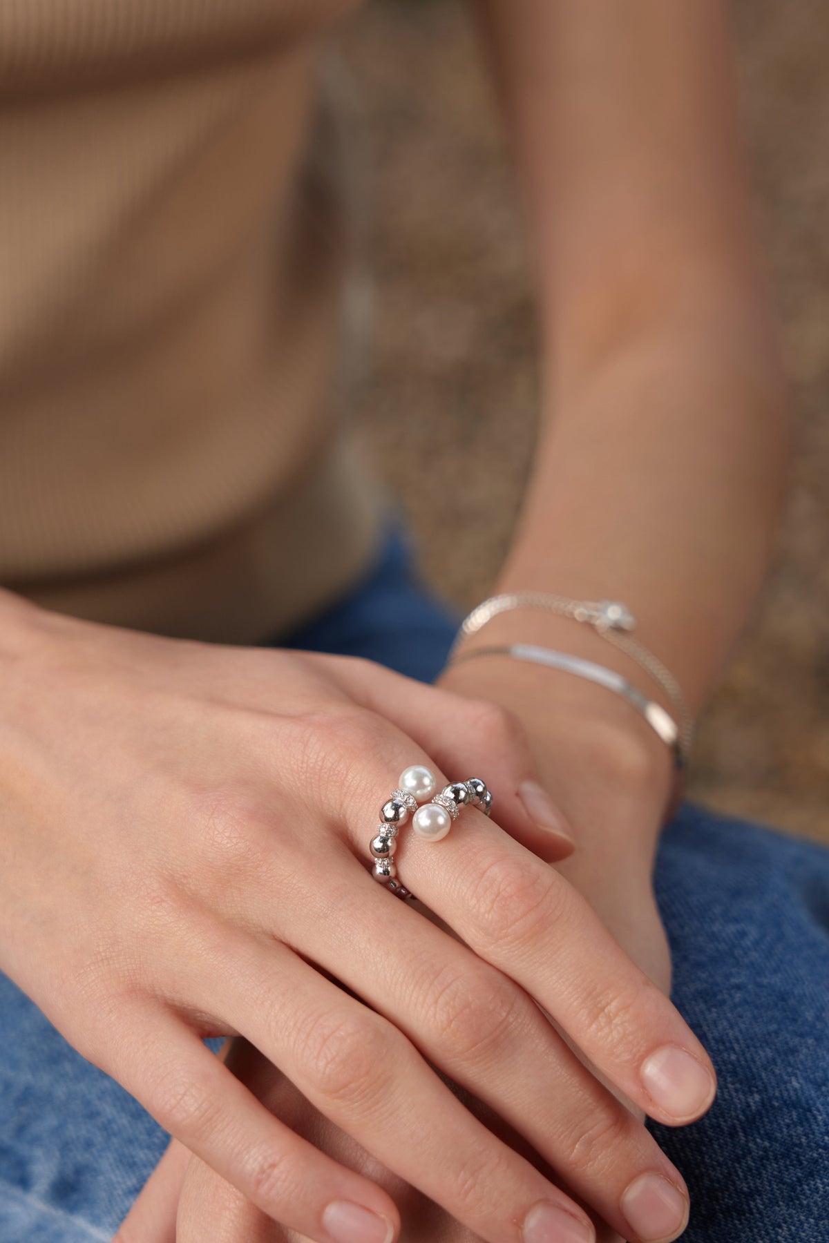 Ania Haie Silver Pearl Sparkle Adjustable Wrap Rings Rings Ania Haie 