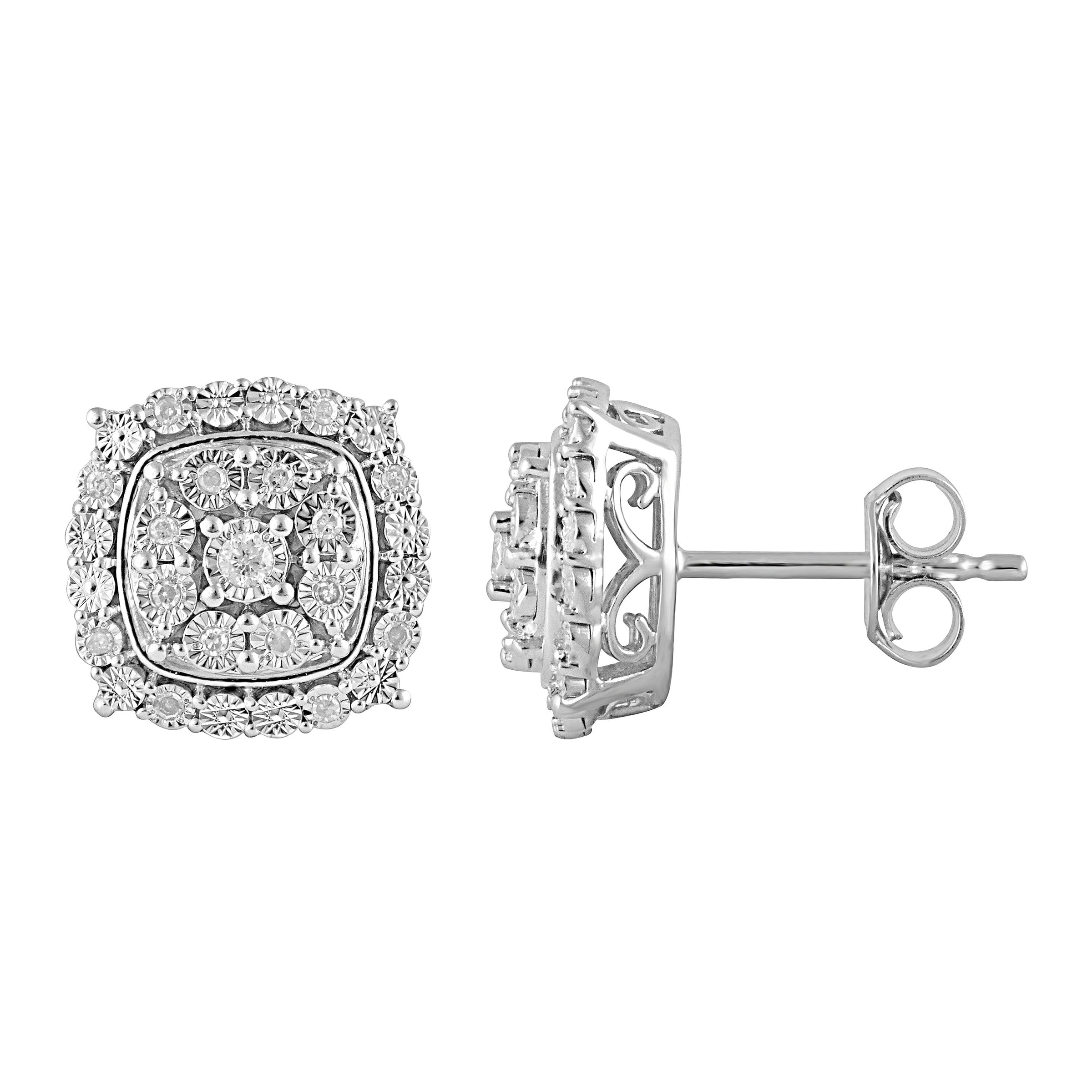 Halo Square Look Earrings with 0.15ct of Diamonds in Sterling Silver Earrings Bevilles 
