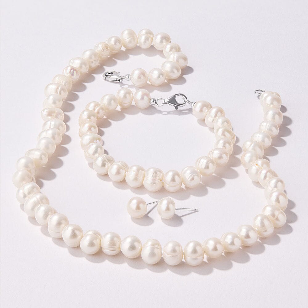Sterling Silver White Freshwater Pearl Necklace, Bracelet and Earring Set Jewellery Sets Bevilles 