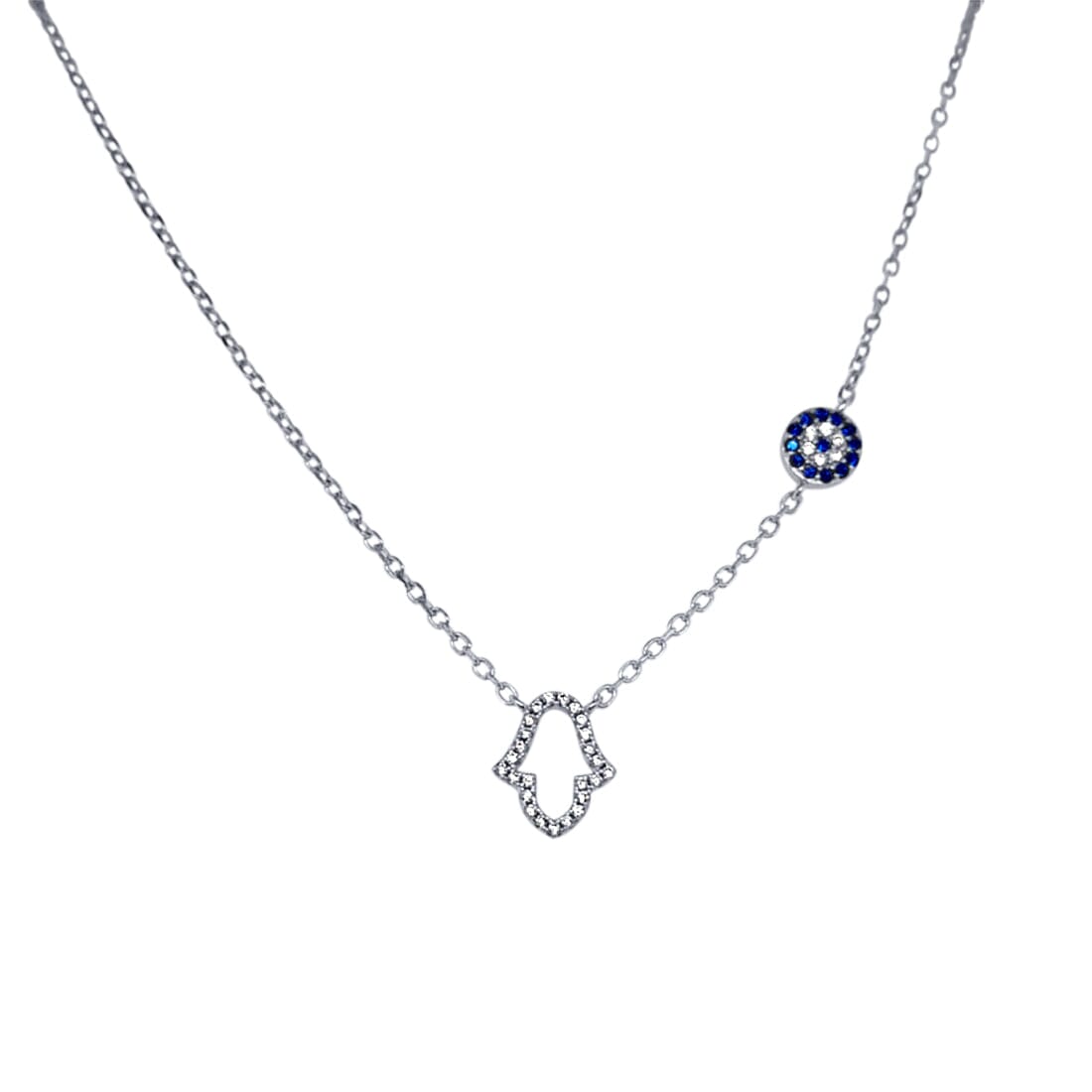 45cm Open Hamsa and Evil Eye Necklace with Cubic Zirconia in Sterling Silver Necklaces Bevilles 