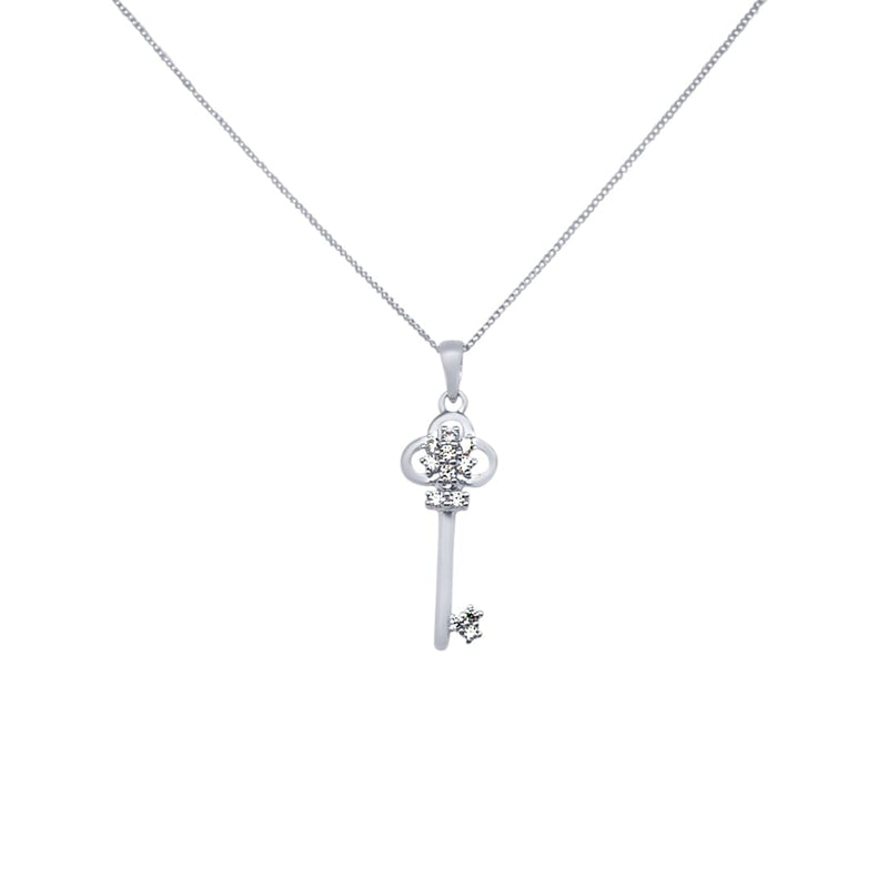 45cm Fancy Small Key Necklace with Cubic Zirconia in Sterling Silver Necklaces Bevilles 