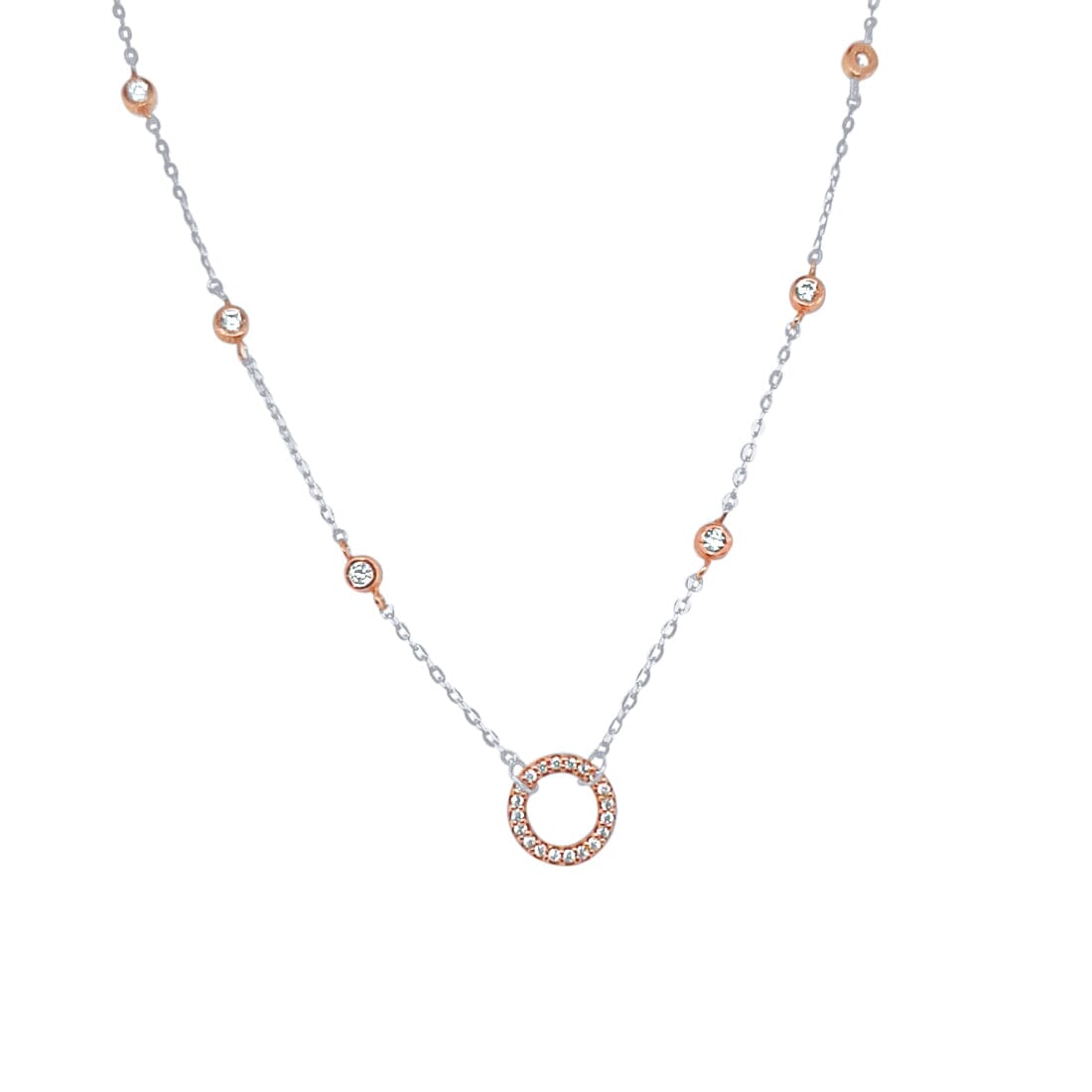 45cm Open Circle Necklace with Cubic Zirconia in Sterling Silver and Rose Tones Necklaces Bevilles 